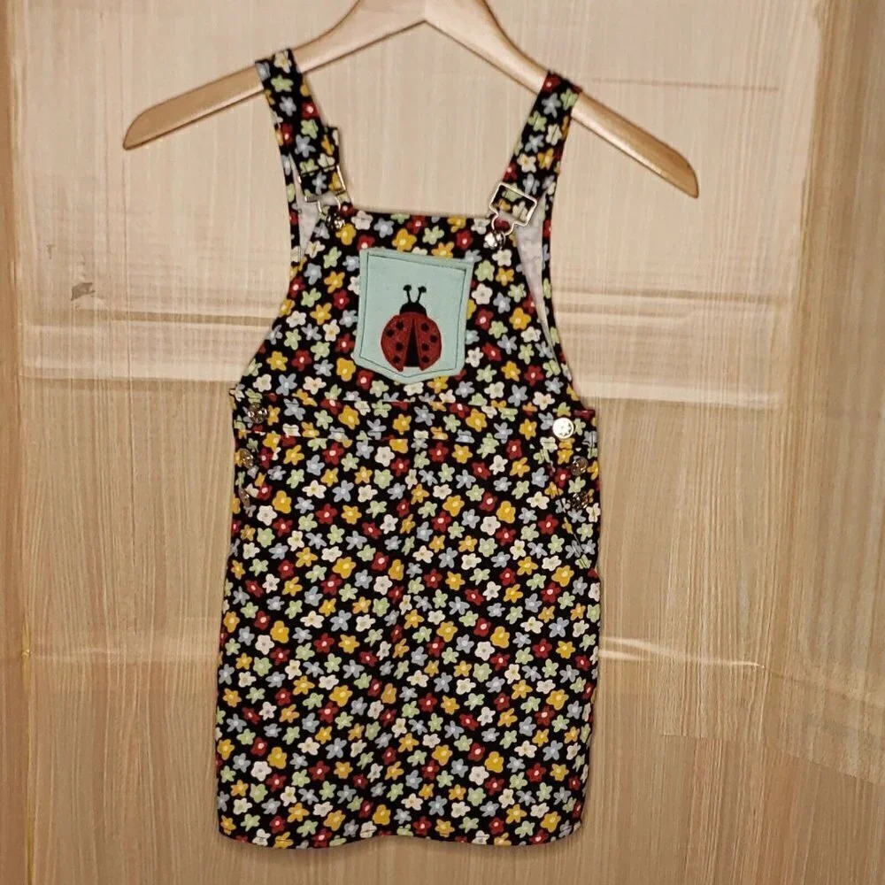 Handmade Girls Black Floral Ladybug Overall Dress 5